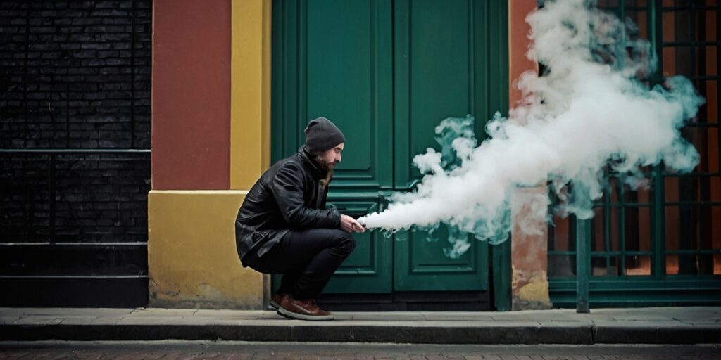 Une image représentant un groupe de jeunes adultes en train de vapoter des e-liquides, accompagnée d'un message d'alerte sur les dangers du THCP.